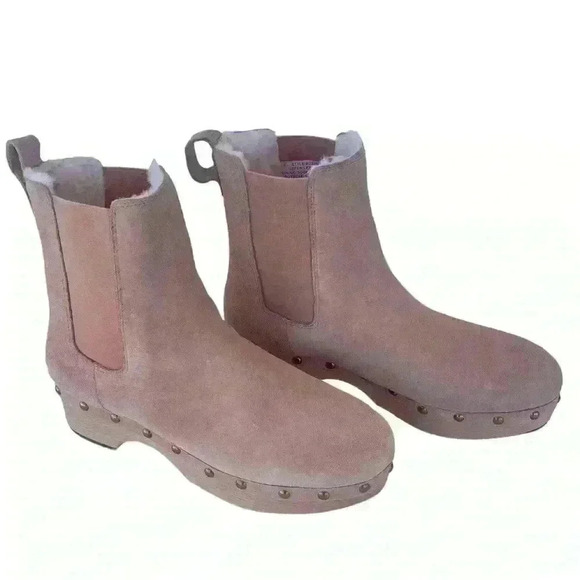 J. Crew Women Faux Fur Lined Clog Boots Size 8.5 Suede Chelsea Light Pink